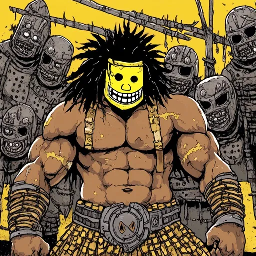 Prompt: Samoan man wearing a yellow smiley face mask, warrior, muscular, big hair, arena background, in <mymodel> style