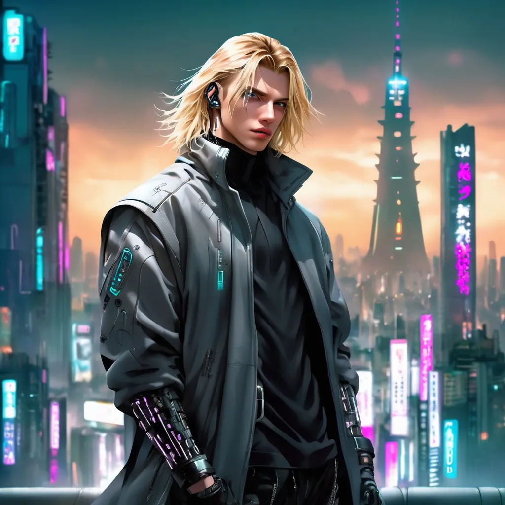 Prompt: cyberpunk illustration of young man in an oversized jacket, cybernetic implants on face, futuristic outfit, cyberpunk outfit, medium length blonde hair, dynamic pose, dynamic lighting, tokyo background, high definition, futuristic