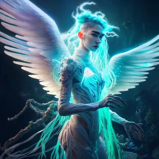 Prompt: Photorealistic full body view of grimes as a futuristic angel, ethereal, bioluminescent wings, silk gown, multicolor hair, heavenly background, high quality, realistic, detailed, futuristic, angelic, multicolor hair, ethereal, heavenly, highly detailed, high resolution, best quality, atmospheric lighting