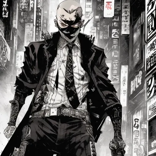 Prompt: goth yakuza boss, comic style ((tokyo ghost, sean murphy)), wearing mask, suit and tie, dynamic pose, detailed, Tokyo background, professional, highly stylized, detailed eyes, city lights, dynamic lighting, vibrant colors