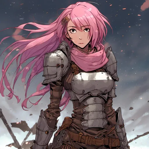 Prompt: Dynamic pose of a petite woman with pink hair, wearing brown scarf and armor, in desolate setting, high quality, detailed and atmospheric lighting, armor, desolate setting, dynamic pose, pink hair, petite frame, brown scarf, professional, detailed, <mymodel>, armor, atmospheric lighting