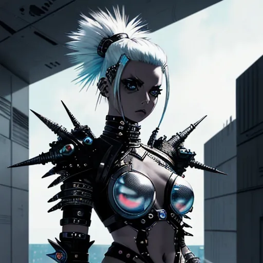 Prompt: Punk rock space warrior girl, lunar landscape, futuristic style, armor with punk rock accessories, edgy white hairstyle, highres, best quality, futuristic, detailed armor, intense expression, edgy hairstyle, professional, futuristic apartment setting