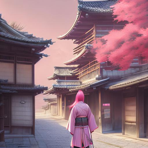 Prompt: a painting of a ronin woman, pink hair, digital art, rural japanese city, symmetric matte painting, detailed, atmospheric lighting, highres