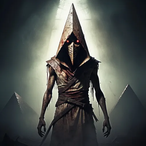 Prompt: Detailed, high-res digital artwork of Pyramid Head, dark and eerie atmosphere, rusty metal textures, horror genre, intense and menacing presence, haunting and unsettling, cool-toned lighting, foggy environment, cinematic quality, horror, intimidating, rusty metal, eerie atmosphere, menacing presence, detailed, atmospheric lighting, foggy, high-res, digital art