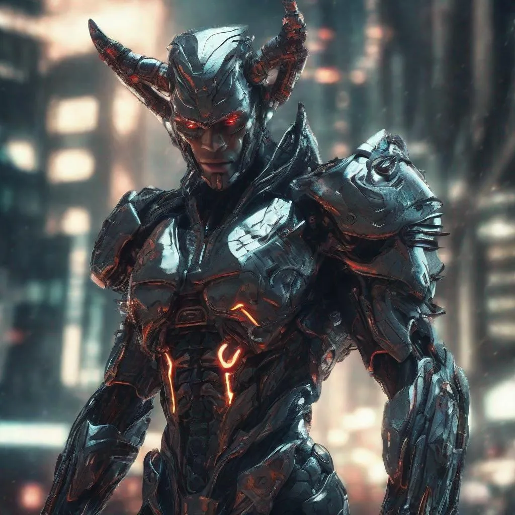 Prompt: Cyborg warrior with devil-shaped armor, metallic sheen, futuristic urban setting, intense and focused gaze, high-tech details, detailed metallic textures, cybernetic enhancements, cool tones, atmospheric lighting, best quality, ultra-detailed, sci-fi, cyberpunk, devilshaped armor, futuristic, intense gaze, high-tech details