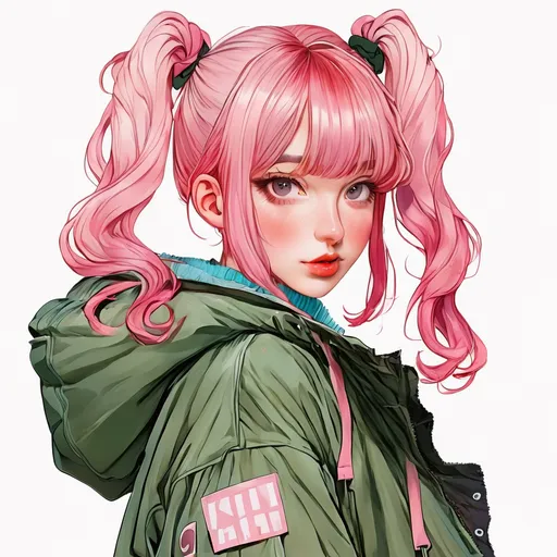 Prompt: anime woman, oversized parka, pink hair with bangs in two pigtails, anime art, fine line artstyle