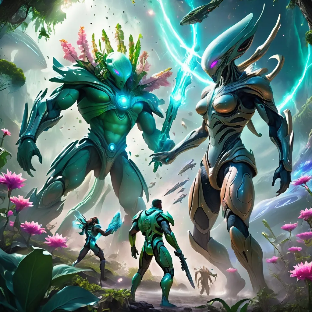 Prompt: Epic fantasy scene of futuristic warriors fighting a cosmic godlike creature, lush alien flora, high-tech weaponry, mystical energy effects, ultra HD detail, fantasy art, dynamic lighting, futuristic, alien flora, high-tech weaponry, cosmic godlike creature, mythical energy effects, epic fantasy, dynamic lighting