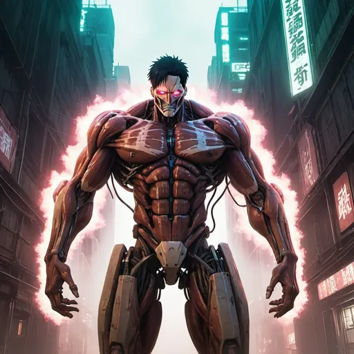 Prompt: well-lit digital artwork of cyberpunk Titan, Attack on Titan