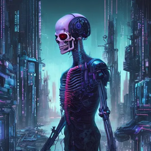 Prompt: painting of cyberpunk depiction of death in human form, integrated technology, technology and biology mixture, futuristic cityscape background, pastel color scheme, high quality, pastel goth, cyberpunk, detailed skeletal features, futuristic cityscape, highly stylized