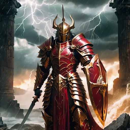 Prompt: Ancient stormlord in crimson and gold armor, atmospheric ruins backdrop, intense and ominous, high quality, ancient warrior, detailed armor, epic fantasy, stormy weather, ancient ruins, crimson and gold, atmospheric lighting