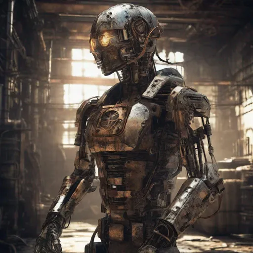 Prompt: Makeshift cyborg with piecemeal armor, gritty industrial setting, intense and dramatic lighting, metallic sheen, high-tech details, post-apocalyptic, detailed circuitry, rusty and worn textures, 3D rendering, dystopian, grungy aesthetic, heavy shadows, high contrast, dramatic atmosphere