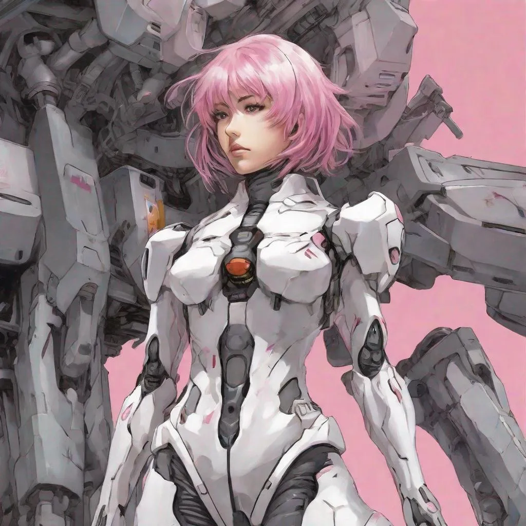 Prompt: manga art, woman, pink hair, wearing a grey and white bio-engineered mech suit, evangelion influence