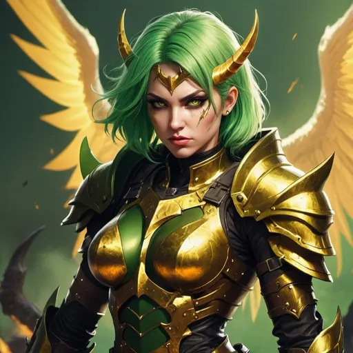 Prompt: Angelic demon hunter with golden armor, female, green hair, badass, battlefield setting, comic book art style