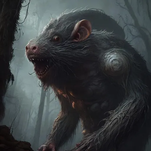 Prompt: Cryptid giant rat cyclops, digital painting, detailed fur and scales, eerie atmospheric lighting, monstrous creature, haunting gaze, high quality, eerie, digital painting, giant rat, cyclops, fur and scales, monstrous, haunting, atmospheric lighting