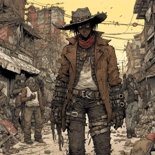 Prompt: desperado, dark skin, cowboy hat, armor, crowded wasteland city street, in <mymodel> style