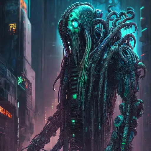 Prompt: humanoid cyberpunk Cthulhu, intense cybernetic enhancements, futuristic urban setting, lovecraftian cyberpunk, advanced technological details, highres, ultra-detailed, cyberpunk, futuristic, imposing figure, urban decay, dramatic lighting