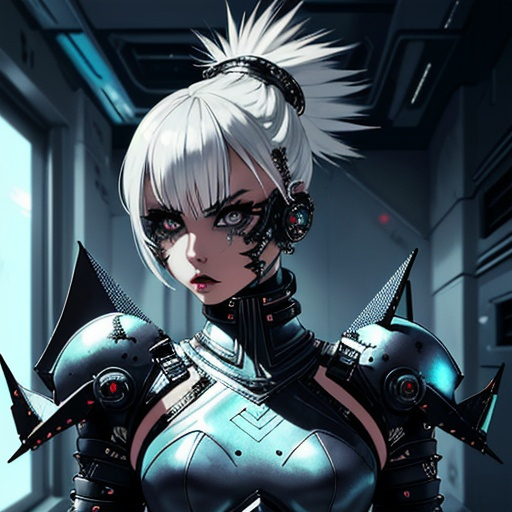 Prompt: Punk rock space warrior girl, lunar landscape, futuristic style, armor with punk rock accessories, edgy white hairstyle, highres, best quality, futuristic, detailed armor, intense expression, edgy hairstyle, professional, futuristic apartment setting