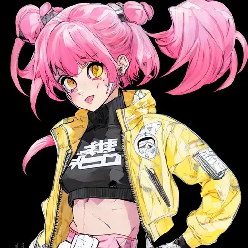 Prompt: Manga-style fine line drawing of a petite woman in an action hero outfit, pink hair, cute pose, wearing a yellow oversized bomber jacket over a black bodysuit, urban apartment complex setting, detailed features, dynamic pose, high quality, fine line drawing, manga style, pink hair, yellow bomber jacket, black bodysuit, cute pose, detailed features, dynamic posing, urban setting, professional, vibrant lighting