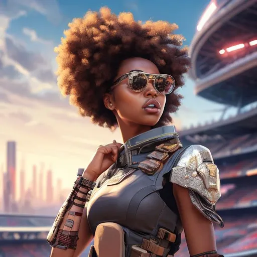 Prompt: full view, full body view, a painting of side view of a fashionable hero woman character gazing at a futuristic stadium, brown skin, multicolor hair, gunbelt, shades, realistic pose, stunning, vibrant, 8k resolution,  WLOP, dynamic lighting, hyperdetailed, intricately detailed, Unreal Engine 5, volumetric lighting
