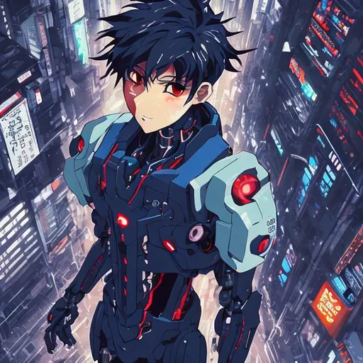 Prompt: full view, full body view, view from above, Cute male cyborg in Evangelion art style, black-blue hair, Tokyo street, highres, detailed, anime, futuristic, cybernetic, urban, cool tones, detailed hair, professional, atmospheric lighting