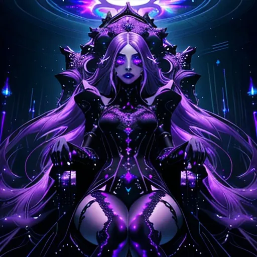 Prompt: Emo space princess, indoor setting, digital art, holographic throne, futuristic gothic aesthetic, ethereal and moody lighting, purples and blacks, detailed lace and velvet textures, long flowing hair, piercing gaze, cosmic background, galaxy-inspired makeup, best quality, highres, digital art, gothic, futuristic, ethereal lighting, detailed textures, cosmic vibes