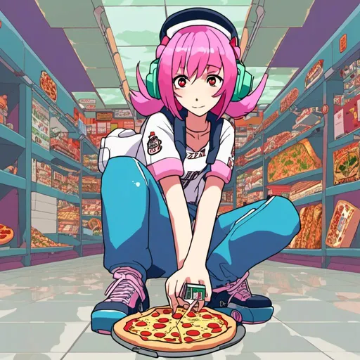 Prompt: Pizza Delivery Girl Yume, pink hair<mymodel>