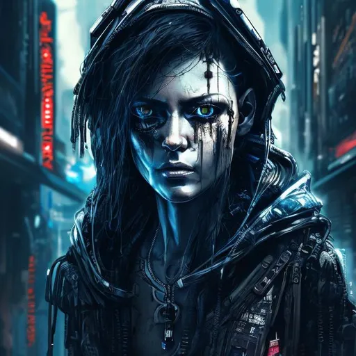Prompt: Futuristic refugee in cyberpunk style, detailed facial features, highres, cyberpunk, dystopian, refugee, futuristic, detailed eyes, dramatic lighting, cool tones, futuristic, urban setting, intense gaze, detailed clothing, dramatic shadows