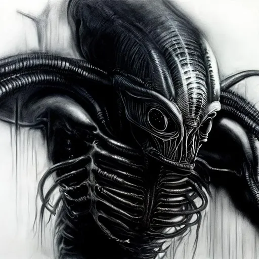 Prompt: alien 3, charcoal painting, atmospheric, touch of color, symbolic, abyss, nightmare fuel