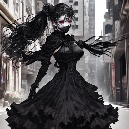 Prompt: anime Woman in a frilly black nylon dress, dynamic pose, hooded, wearing black face mask, urban street setting, intense and dramatic lighting, high quality, detailed, urban fashion, mysterious atmosphere