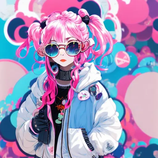 Prompt: wide standing view, full body view, cute petite 21 year old anime girl, pink hair, two braided pigtails, making peace sign with one hand,  sunglasses ((white, oval frame)), puffy bomber jacket, black combat boots, highly stylized artstyle, messy abstract neon tokyo background, wide view, digital illustration, ultra hd, extreme long shot, telephoto lens, motion blur, wide angle lens, deep depth of field, deep blue color scheme, pastel color scheme