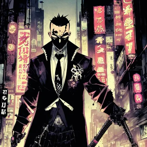 Prompt: goth yakuza boss, comic style ((tokyo ghost, sean murphy)), wearing mask, suit and tie, dynamic pose, detailed, Tokyo background, professional, highly stylized, detailed eyes, city lights, dynamic lighting, vibrant colors