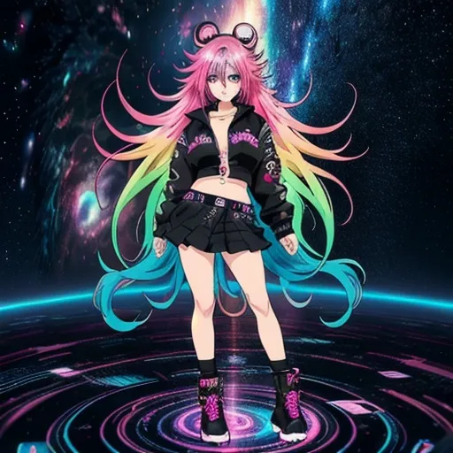 Prompt: full view, full body view, cute anime girl, punk style street clothes, vibrant colors, multicolor hair, detailed eyes, flowing hair, dynamic pose, 4k, ultra-detailed, anime, vibrant, detailed eyes, flowing hair, asteroid background, professional, atmospheric lighting