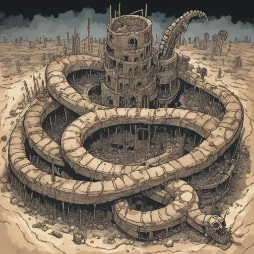 Prompt: coiled serpent-shaped citadel, desert wasteland, in <mymodel> style