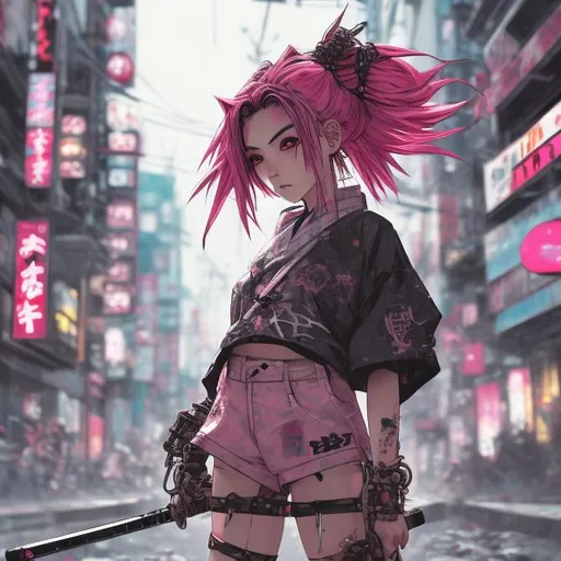 Prompt: Modern samurai girl, pink hair, kimono, cropped shorts, action pose, punk rock, Tokyo setting, highly detailed, best quality, anime, urban, punk, dynamic, detailed clothing, detailed eyes, professional, vibrant colors, atmospheric lighting, intense expression, futuristic cityscape