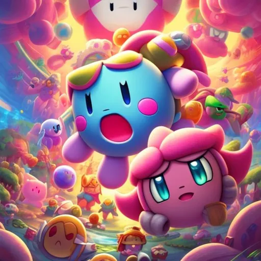 Prompt: Kirby and Link playing video games, vibrant and playful, 3D rendering, colorful environment, cheerful expressions, high quality, vibrant 3D rendering, playful and colorful, detailed environments, cute and charming, detailed character design