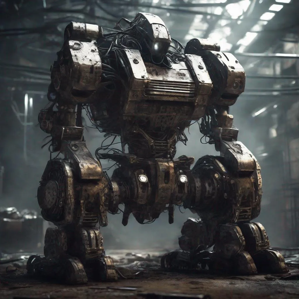 Prompt: Makeshift robot with piecemeal armor, futuristic setting, intense and dramatic lighting, high-tech details, post-apocalyptic, detailed circuitry, 3D rendering, dystopian, heavy shadows, high contrast, dramatic atmosphere