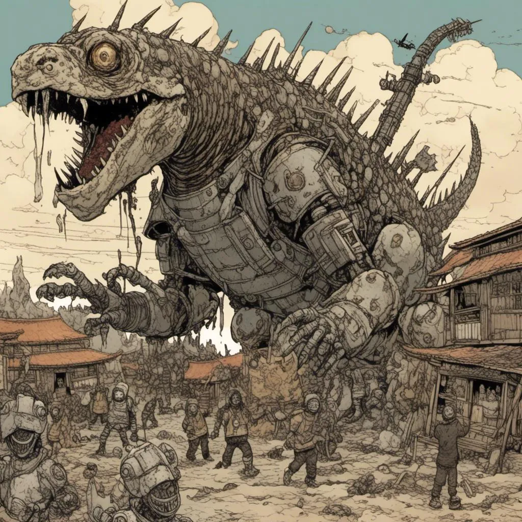 Prompt: gigantic robotic lizard attacking japanese village, desert setting, in <mymodel> style