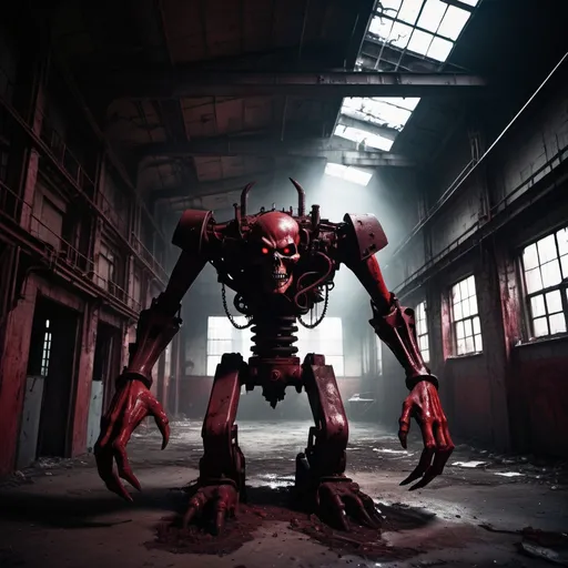 Prompt: Demonic being in an abandoned industrial plant, eerie atmosphere, dark shadows, haunting red hues, high contrast, detailed demonic being, decaying machinery, atmospheric lighting, horror, professional, high quality, demonic, eerie, industrial, haunting red, detailed shadows