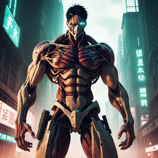 Prompt: well-lit digital artwork of cyberpunk Titan, Attack on Titan