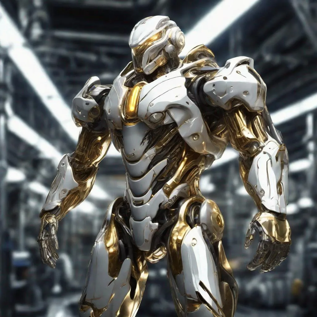 Prompt: Photorealistic illustration of a heroic pose, liquid metal mech suit, white and gold armor, futuristic factory setting, glowing internal core, high quality, futuristic, metallic sheen, heroic, detailed mechanics, industrial setting, factory, liquid metal, glowing core, professional, realistic lighting