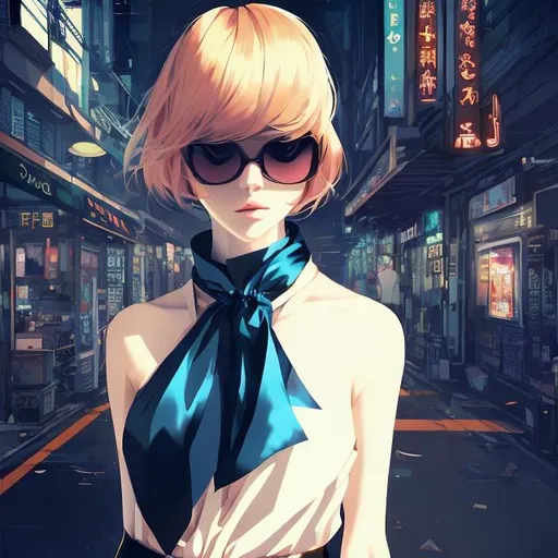 Prompt: full view, full body view, standing view, Anime illustration of a woman in a blue pleated shirt, angular haircut knotted silk satin scarf, wearing sunglasses, angular haircut, ruined urban background, best quality, anime, stylish, urban, detailed design, high fashion, professional, atmospheric lighting