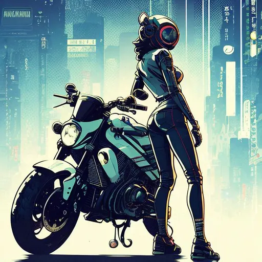 Prompt: full view, full body view, Comic book style, cute girl, sunglasses, suit, Yamaha supersport, detailed illustration, urban setting, digital art, retro-futuristic, Tokyo Ghost style, Sean Murphy inspired, high contrast, gritty urban, professional artwork