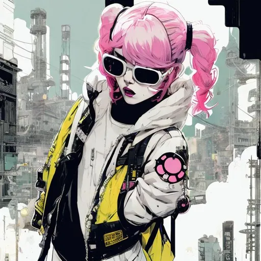 Prompt: illustration of a young woman with pink hair in two pigtails, comic style ((tokyo ghost, sean murphy)), oval shaped sunglasses ((white framed)), puffy oversized yellow jacket, pastel goth, black combat boots, dynamic pose, detailed, stylized, 3d rendered industrial background