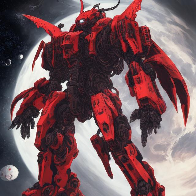 Prompt: Anime mech suit in space, devil-themed, red, black, white color scheme, futuristic, detailed design, highres, ultra-detailed, anime, sci-fi, devil theme, space, red, black, white, futuristic design, high-tech, atmospheric lighting