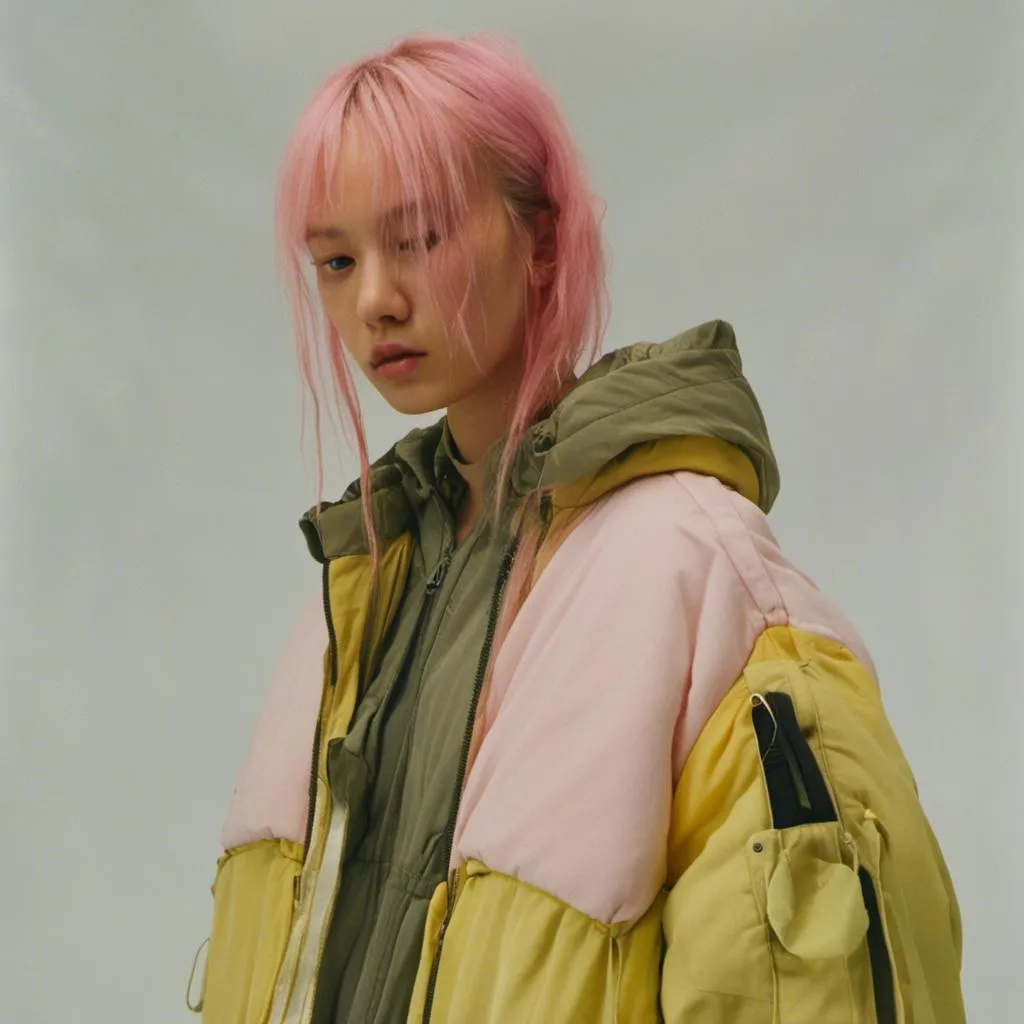 Prompt: <mymodel> woman in yellow bomber jacket, with pink hair in two pigtails