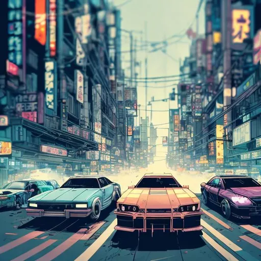 Prompt: a comic book (tokyo ghost, sean murphy) style illustration two cars racing down a street in a cyberpunk city, illustration, highly stylized, cyberpunk cityscape, futuristic cars, wide depth of field, wide angle lens, futuristic skyscrapers, bustling urban life, detailed and dynamic perspective, highres, ultra-detailed, comic book style, cyberpunk, wide angle lens, futuristic  bustling streets, highly stylized, dynamic perspective, atmospheric lighting