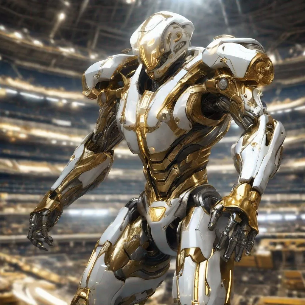 Prompt: view from above, Photorealistic illustration of a liquid metal mech suit, white and gold armor, shoulder cannon, futuristic stadium setting, glowing internal core, high quality, futuristic, metallic sheen, heroic, heroic pose, detailed mechanics, stadium setting, stadium, liquid metal, glowing core, professional, realistic lighting