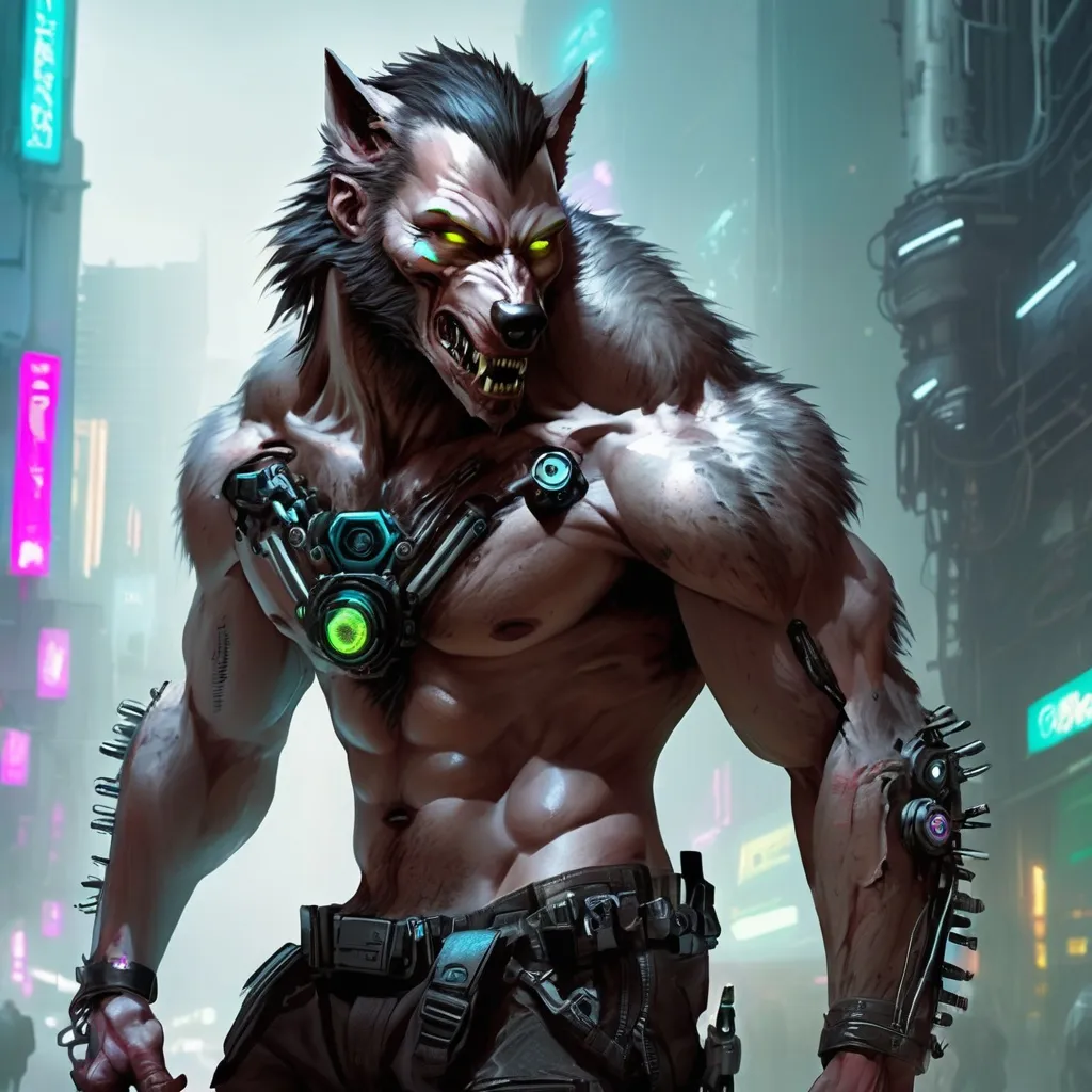 Prompt: cyberpunk werewolf, technological modifications