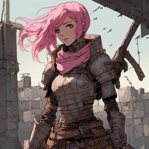 Prompt: Dynamic pose of a petite woman with pink hair, wearing brown scarf and armor, in desolate setting, high quality, detailed and atmospheric lighting, armor, desolate setting, dynamic pose, pink hair, petite frame, brown scarf, professional, detailed, <mymodel>, armor, atmospheric lighting