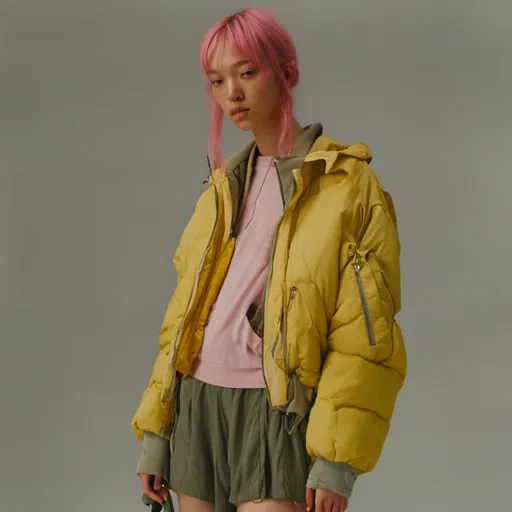 Prompt: <mymodel> woman in yellow bomber jacket, with pink hair in two pigtails